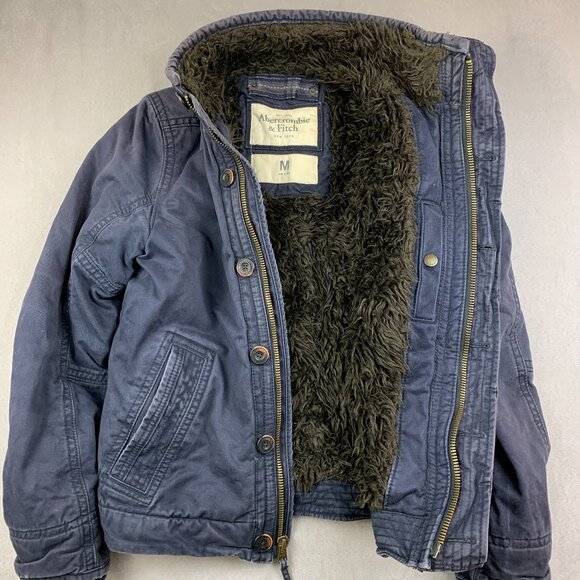 Vtg Abercrombie & Fitch Men Adirondack Jacket Medium Blue Full Zip Fur Lined Y2K - Picture 1 of 9